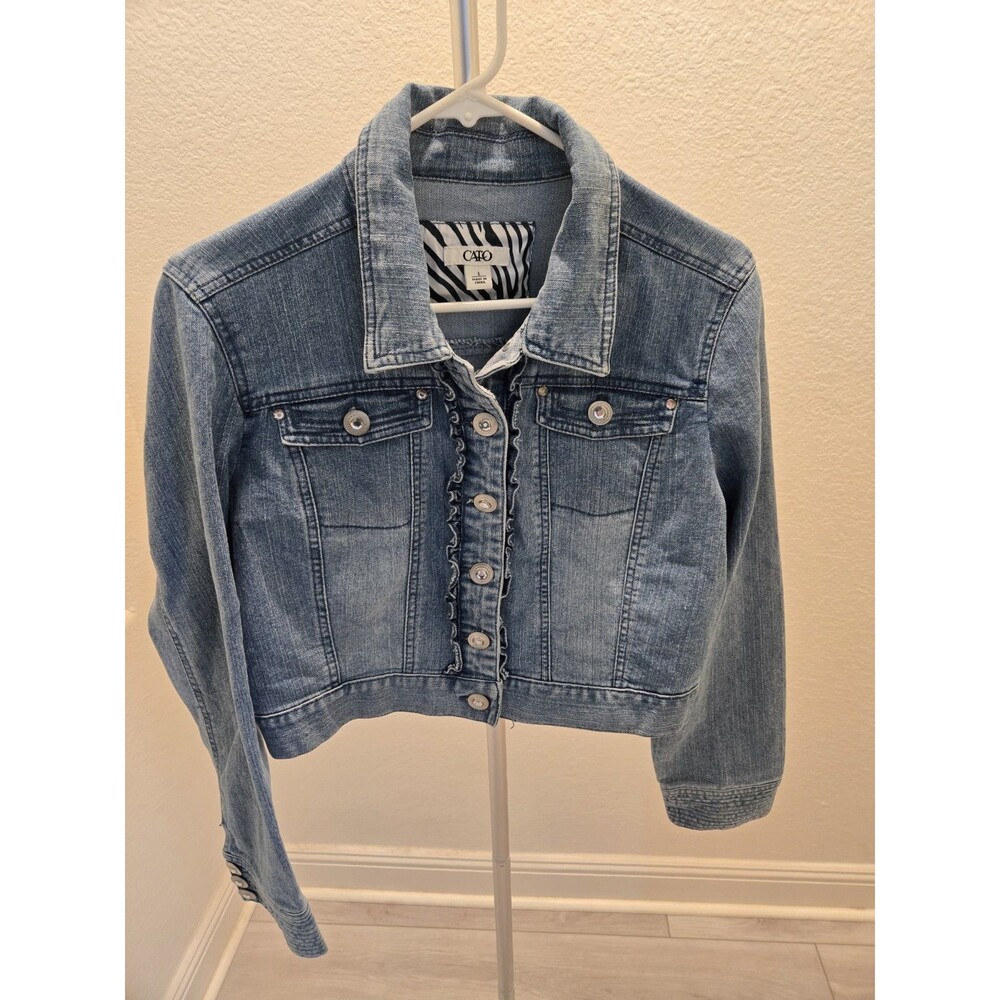 Cato Womens Denim Jacket Size L Ruffle Trim Rhinestone Buttons Y2K